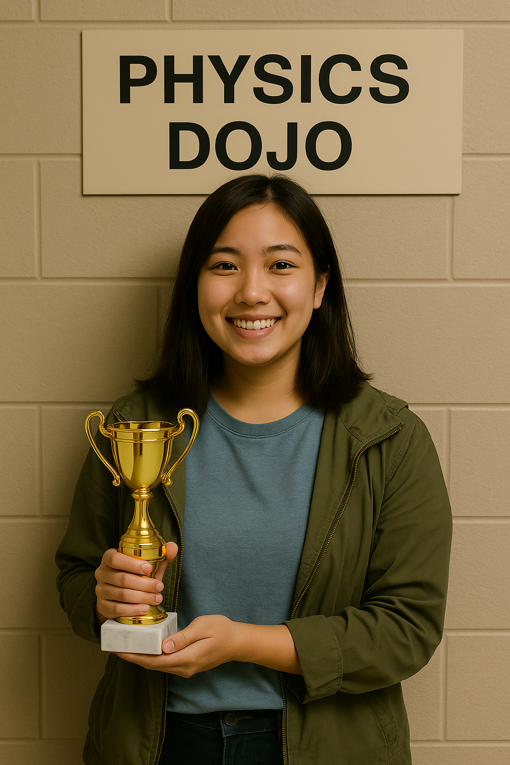 Physics Champion Student using laptop inside a futuristic dojo classroom with glowing diagrams — AI-powered physics tutoring for college students