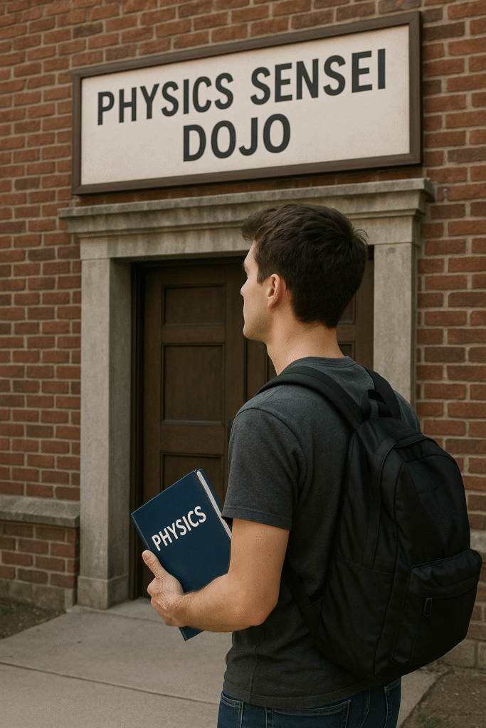 Student using laptop inside a futuristic dojo classroom with glowing diagrams — AI-powered physics tutoring for college students