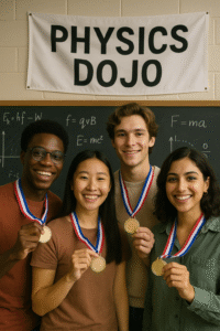 Physics Dojo Champions – Mastering College Physics Together A diverse group of college students proudly displaying their tournament medals inside a physics dojo, celebrating their mastery in physics.