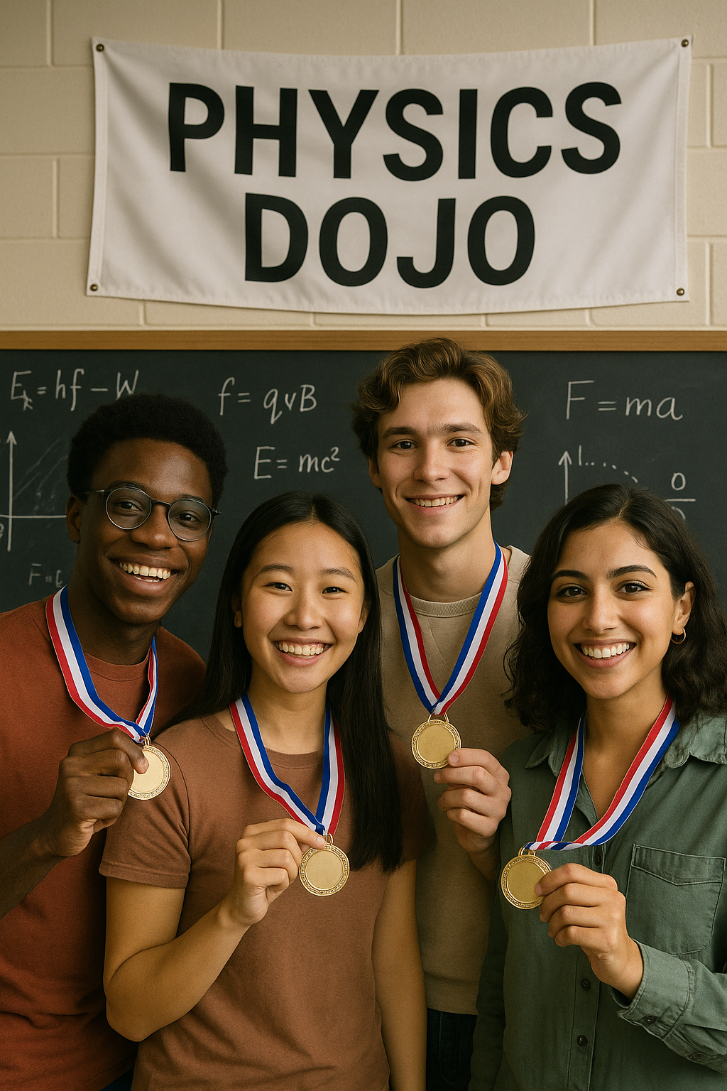 Physics Dojo Champions – Mastering College Physics Together A diverse group of college students proudly displaying their tournament medals inside a physics dojo, celebrating their mastery in physics.