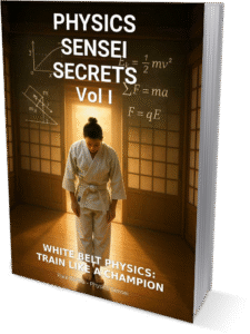 A karate student in a white belt bows at the entrance of a glowing dojo with physics equations floating in the background.