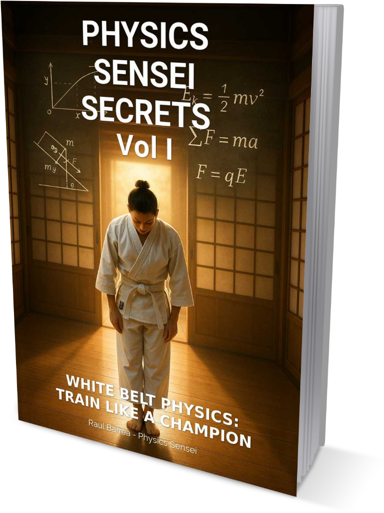 Physics Sensei Secrets Vol I – White Belt Physics: Train Like a Champion A karate student in a white belt bows at the entrance of a glowing dojo with physics equations floating in the background.
