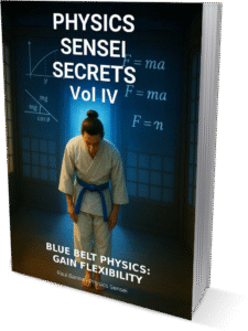 A karate student in a white belt bows at the entrance of a glowing dojo with physics equations floating in the background.