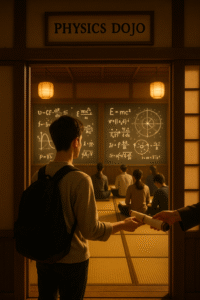 A karate student in a white belt bows at the entrance of a glowing dojo with physics equations floating in the background.