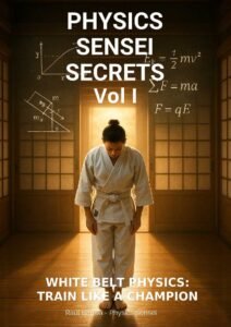 A karate student in a white belt bows at the entrance of a glowing dojo with physics equations floating in the background.