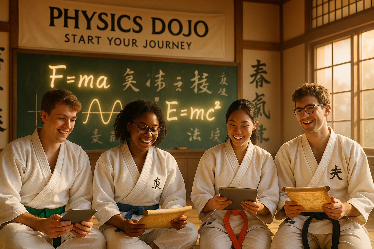 Students in a dojo wearing karate gi practice how to study physics with scrolls showing forces, vectors, and circuits.