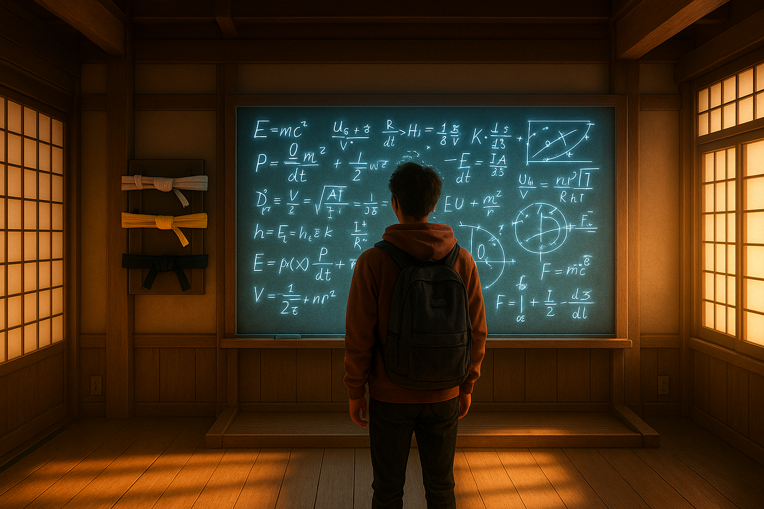 Why Physics Is Hard (And How to Beat It) — Physics Sensei Featured Image “Student in a dojo wearing a white belt, guided by a sensei while learning physics equations on a chalkboard. Concept: why physics is hard.”