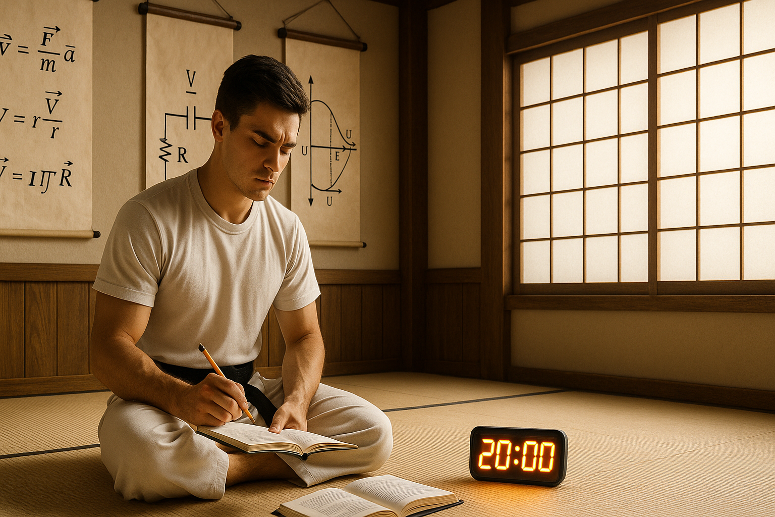 Student training in a dojo-style study hall with physics equations, showing physics study tips and brain hacks in action.