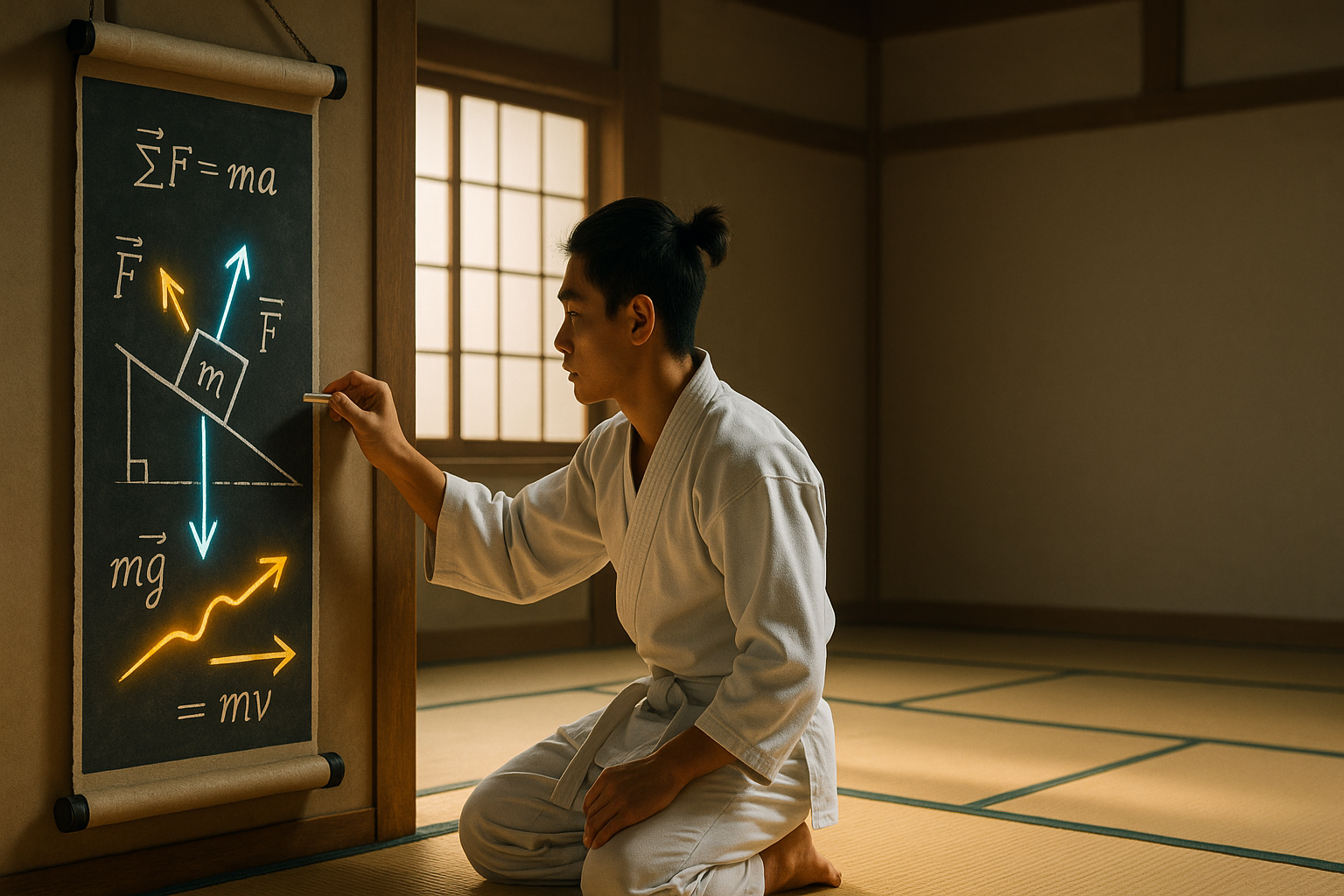 Student struggling with physics in a dojo while a sensei shows the clear path forward, symbolizing why students fail physics.