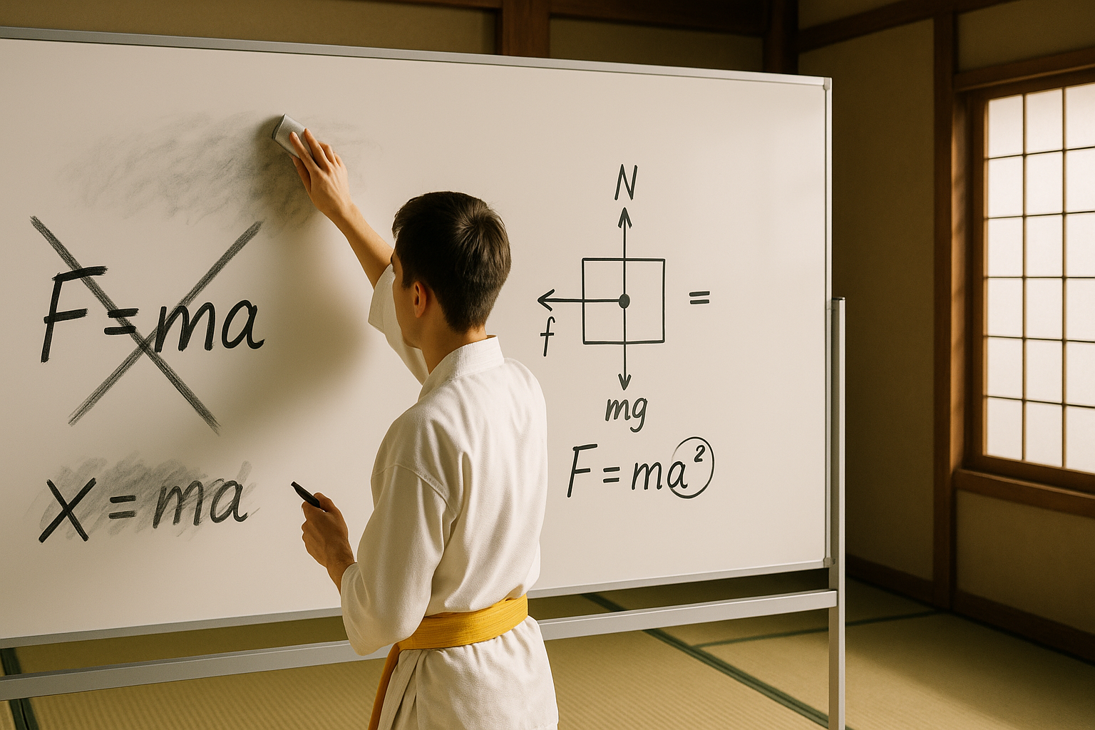 Student fixing physics errors on a chalkboard in a dojo-style classroom, highlighting common mistakes in physics and their solutions.