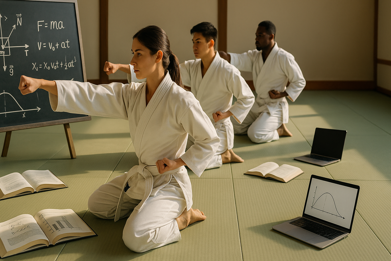 Students practicing a daily physics study routine in a dojo with equations on the chalkboard.