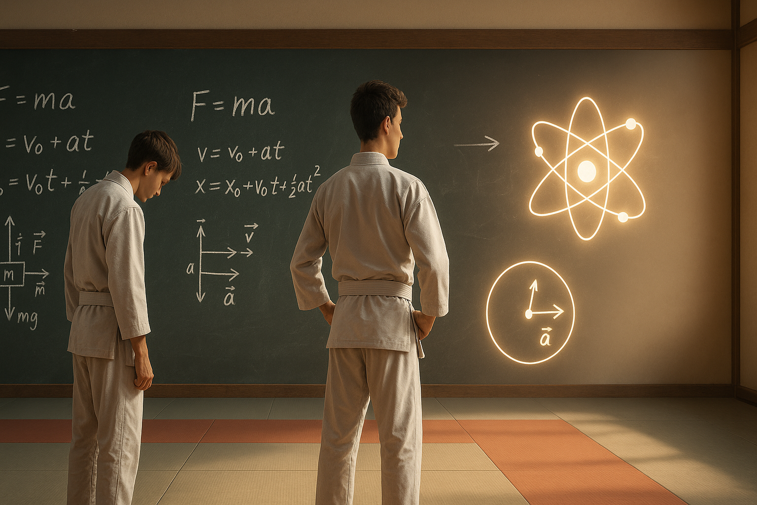 Student building physics confidence in a dojo, standing tall before a chalkboard of equations.