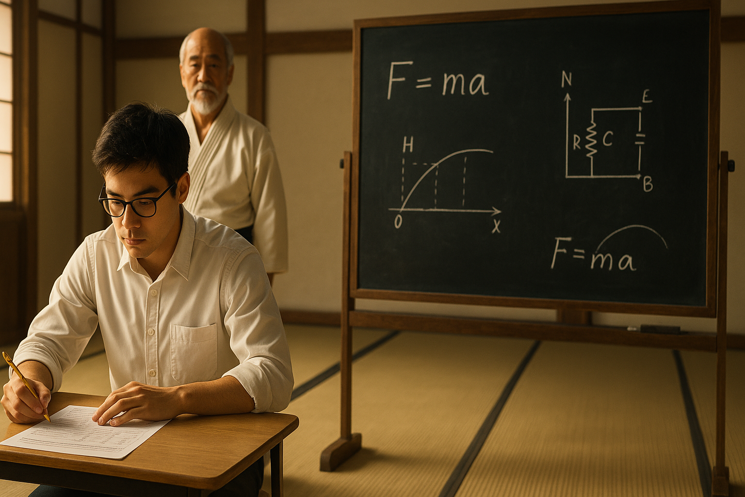Student taking a physics exam in a dojo with a sensei nearby, representing physics exam survival tips.