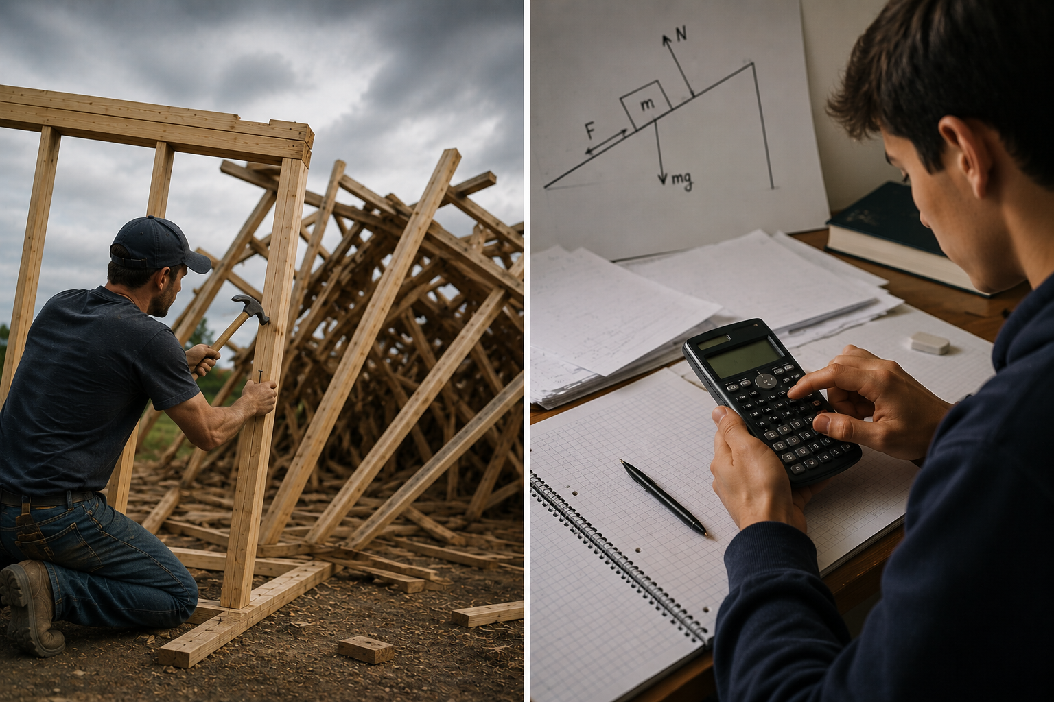 A student using a calculator while ignoring a messy physics diagram, paired with a person hammering nails into an unstable wooden frame, showing that action without structure leads to weak results.