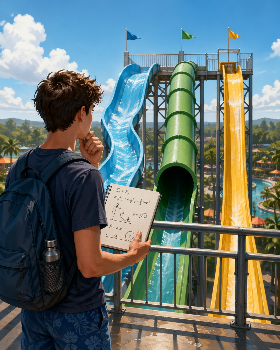 The Water Park Effect in Physics Problem Solving A student choosing between multiple water slides next to a student rushing into a physics problem, illustrating how fast decisions can lead to the wrong path.