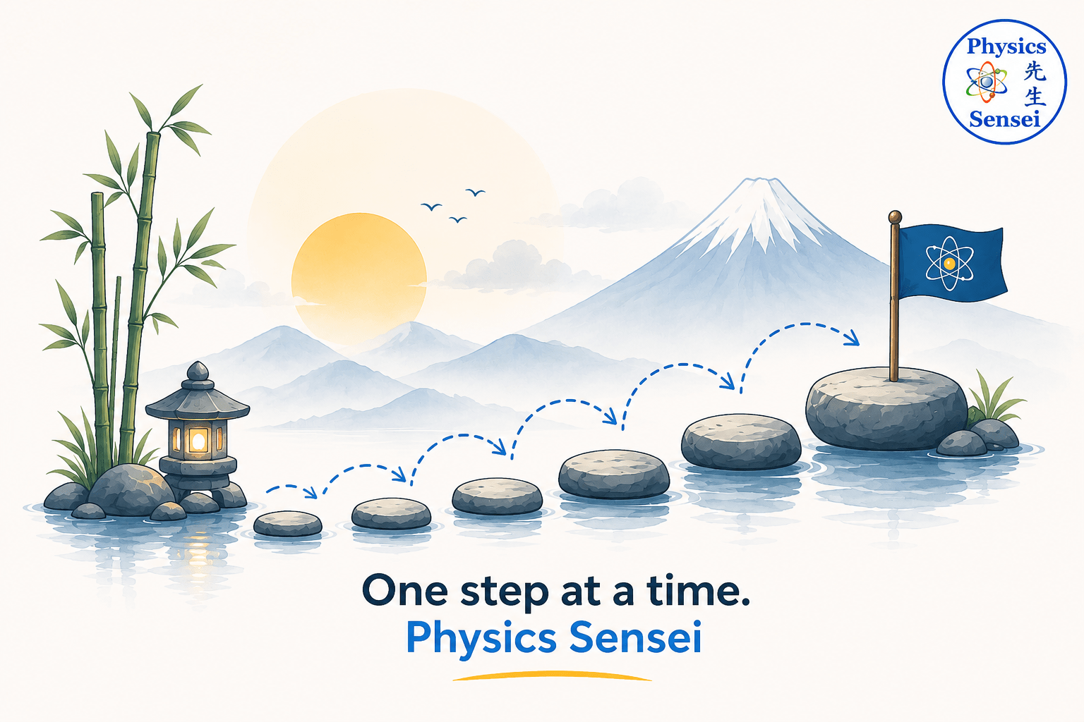 One Step at a Time – Physics Sensei Inspirational Illustration Minimalist illustration of stepping stones leading across calm water toward a mountain, with a Japanese-inspired landscape, bamboo, and the Physics Sensei logo. Text reads "One step at a time."