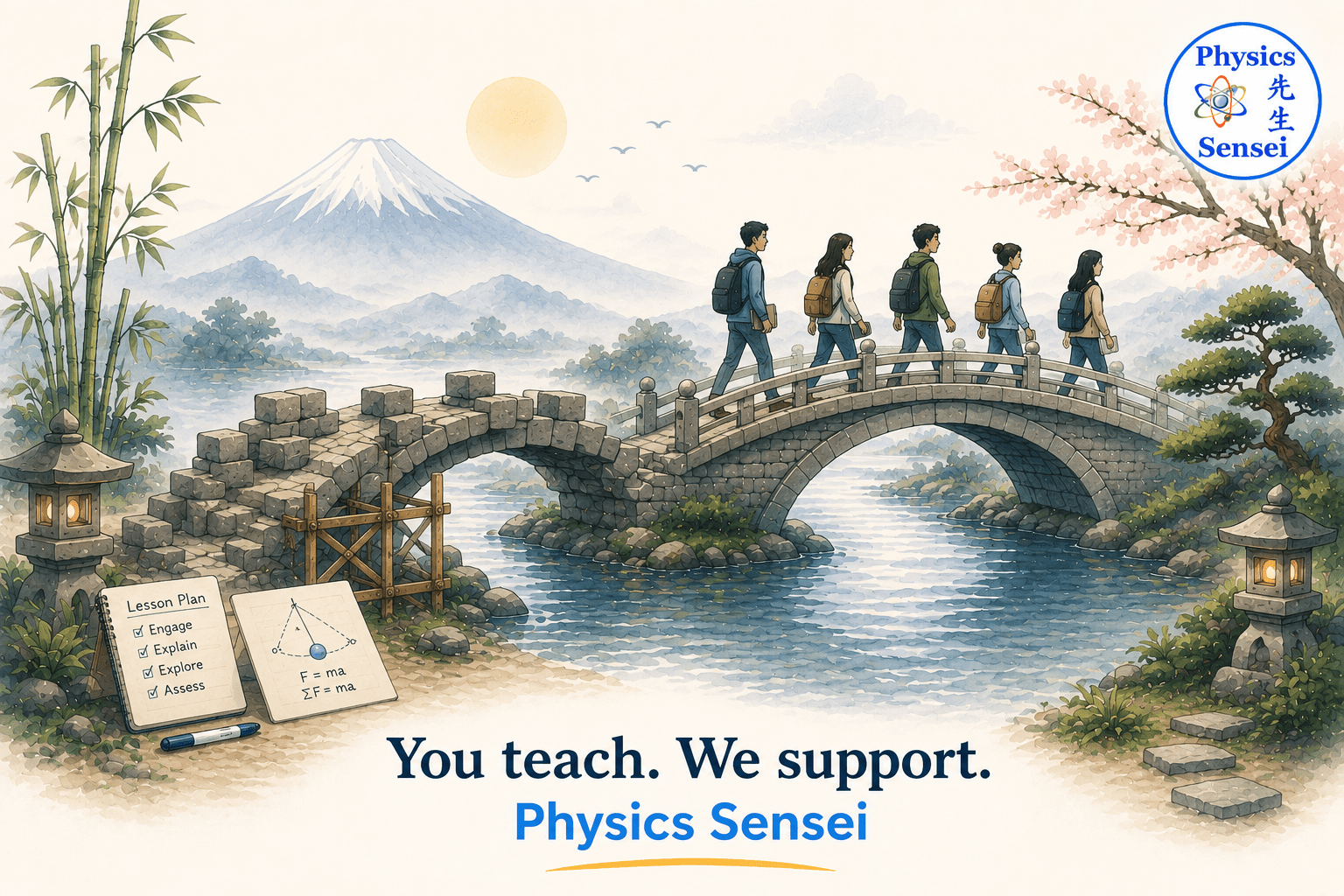 You Teach. We Support. – Physics Sensei Instructor Illustration Illustration of students confidently crossing a completed stone bridge beside an unfinished bridge in a peaceful Japanese-inspired landscape, symbolizing instructional support and student success.