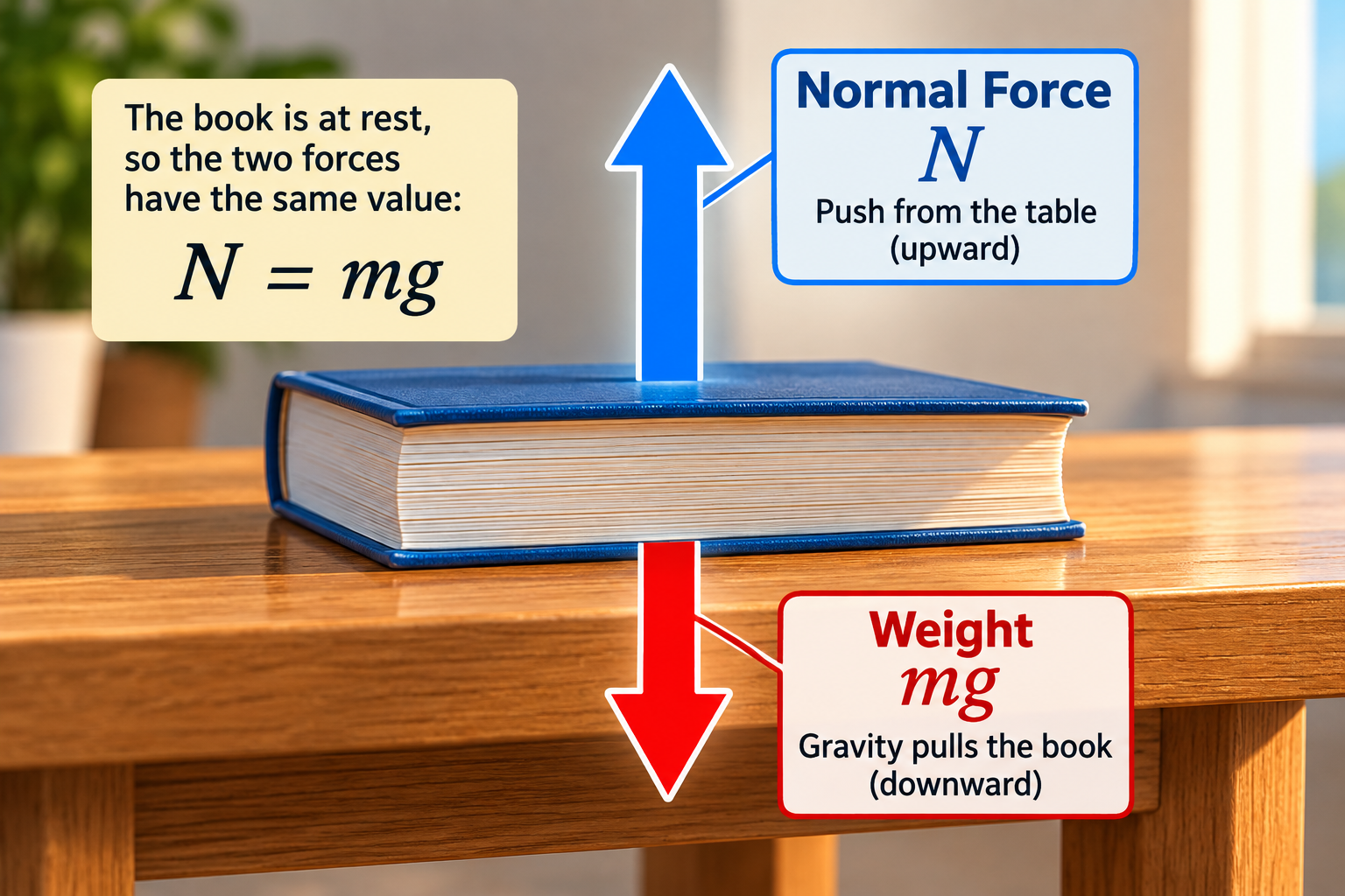 Book at rest on a table showing equal weight downward and normal force on the book upward.