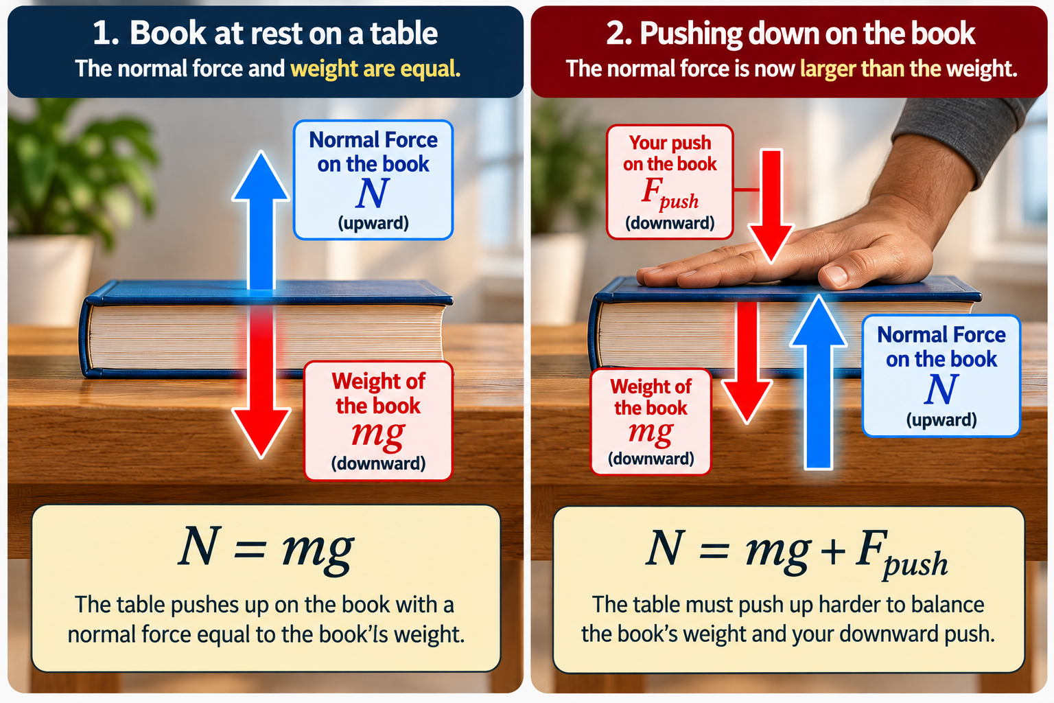 Book on a table with a person pushing down, showing the normal force on the book larger than its weight.
