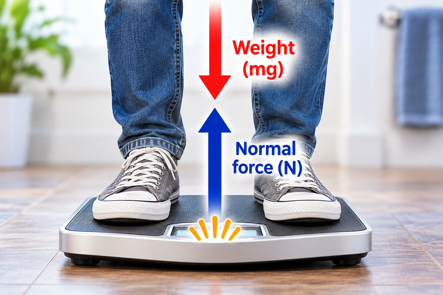 Person standing on a bathroom scale with a downward arrow for weight (mg) and an upward arrow for normal force (N).