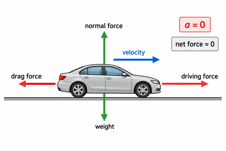 Car moving right at constant velocity with blue velocity arrow, opposing horizontal forces and balanced normal force and weight; net force and acceleration equal zero.