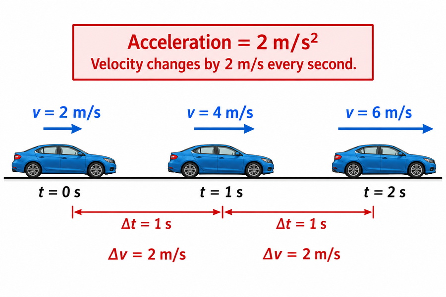 Three moments one second apart showing a car's velocity increasing from 2 to 4 to 6 meters per second, illustrating acceleration of 2 meters per second squared.