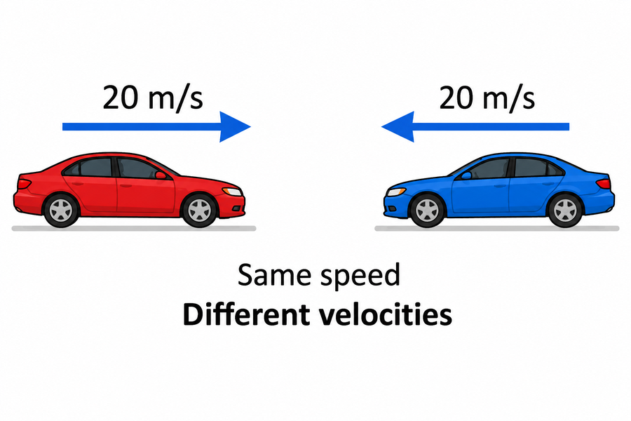 Two cars each moving at 20 meters per second with equal-length blue velocity arrows pointing in opposite directions.