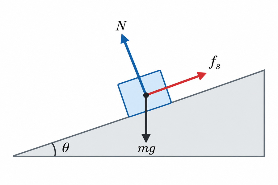 Free-body diagram of a block on an inclined plane with weight mg straight down, normal force N perpendicular to the incline, and static friction pointing uphill.