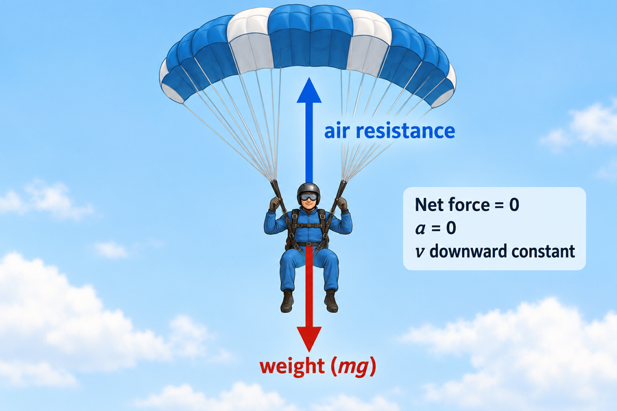 Parachutist with open parachute showing upward air resistance and downward weight of equal size, indicating net force zero at terminal velocity.