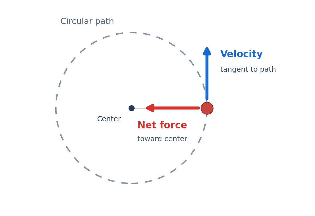 Circular motion diagram showing a ball at the right side of a circle, with blue tangential velocity upward and red inward net force toward the center.
