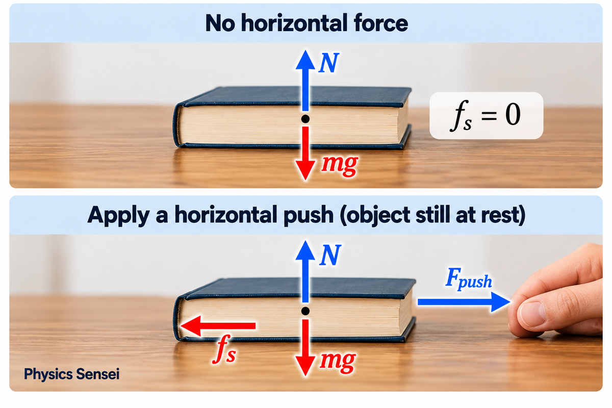 A book at rest has zero static friction when there is no horizontal force; when pushed to the right while remaining at rest, static friction acts to the left.